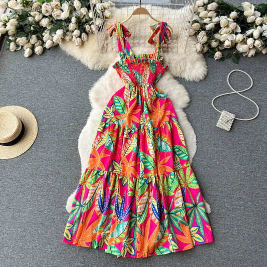 Summer Vacation Spaghetti Strap Floral Sundress – Sleeveless Ruched Backless Maxi Dress