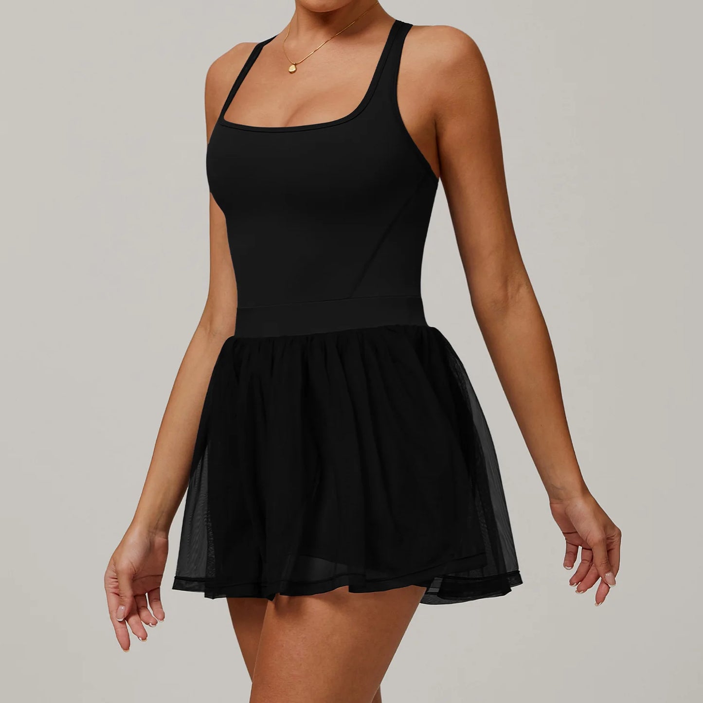 Women's One-Piece Sports Jumpsuit with Skirt – Gym & Yoga Outfit