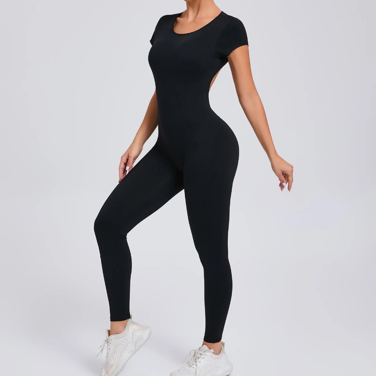 Women's Short Sleeve One-Piece Yoga Jumpsuit – Open Back Fitness Bodysuit