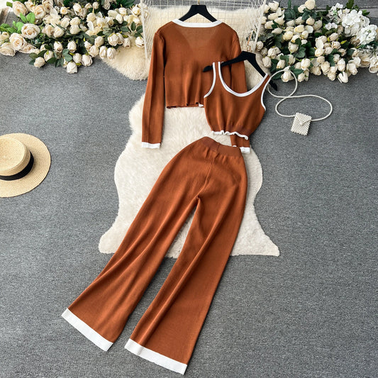 SINGREINY Autumn Knitted 3pcs Set – Slim Tank Top + Long Sleeve Cardigan + Elastic Pants (Brown)