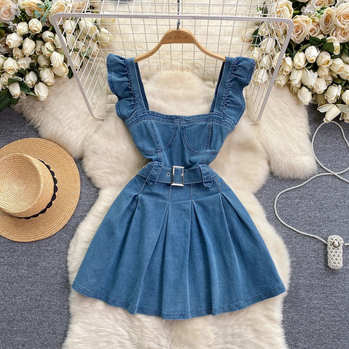 SINGREINY Women High Street Denim Dress Square Collar Short Flying Sleeves Belt Pleated 2024 Summer INS Preppy Style Sweet Dress
