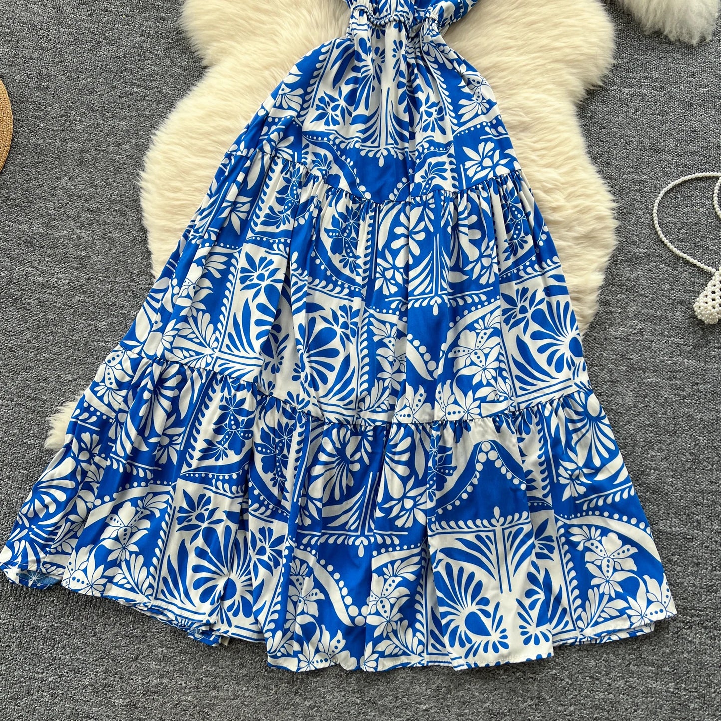 Vintage Print V-Neck Pleated Swing Dress