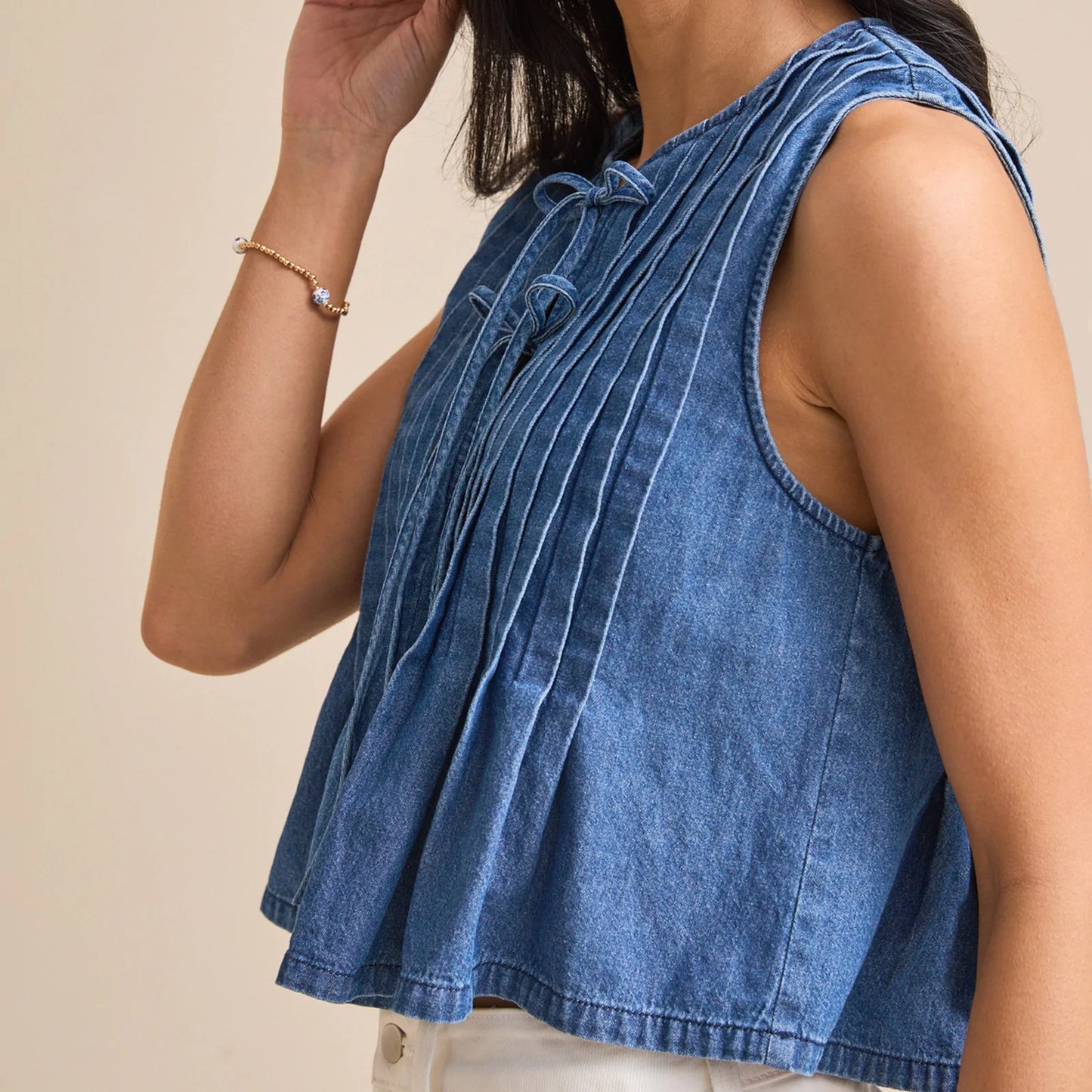 Boho Vintage Denim Tie Front Tank Top – Sleeveless Summer Chic
