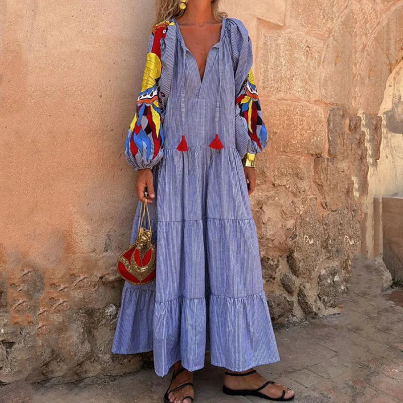 Bohemian Long Lantern Sleeve V-Neck Dress