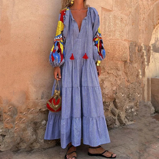Bohemian Long Lantern Sleeve V-Neck Dress