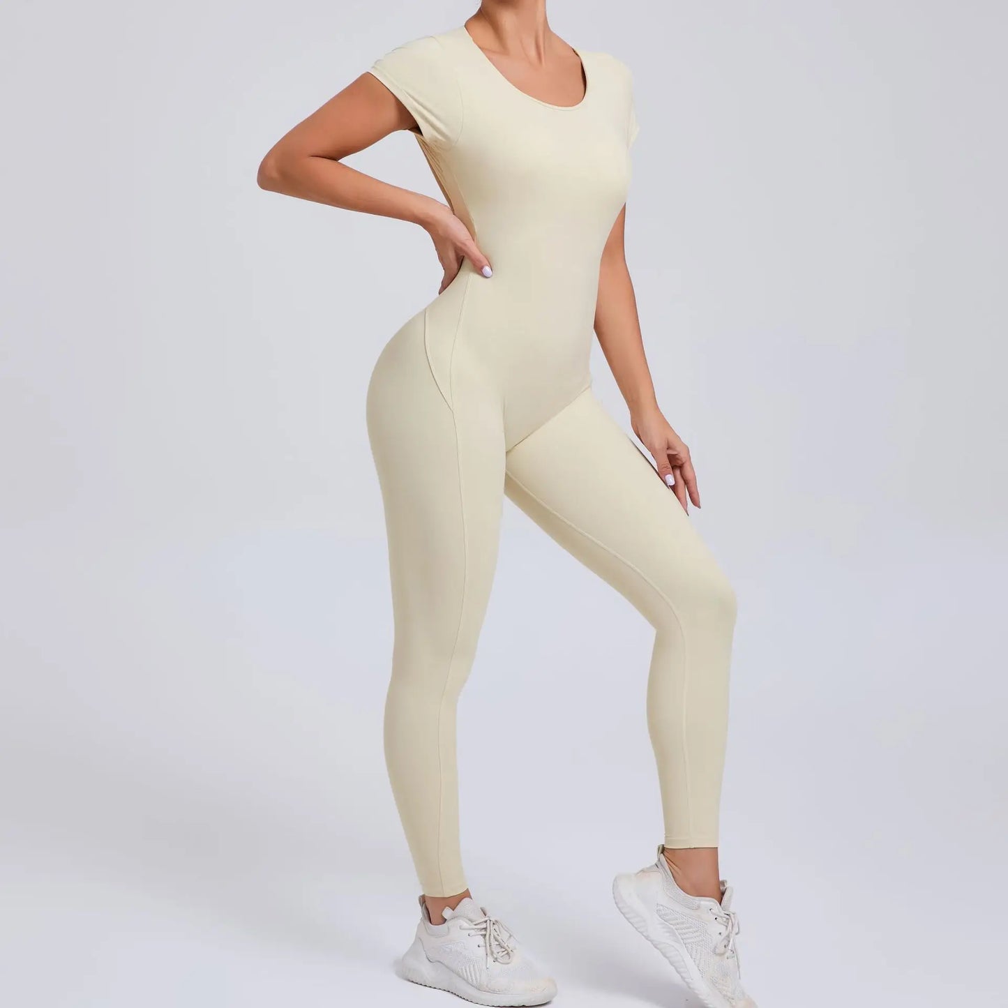 Women's Short Sleeve One-Piece Yoga Jumpsuit – Open Back Fitness Bodysuit