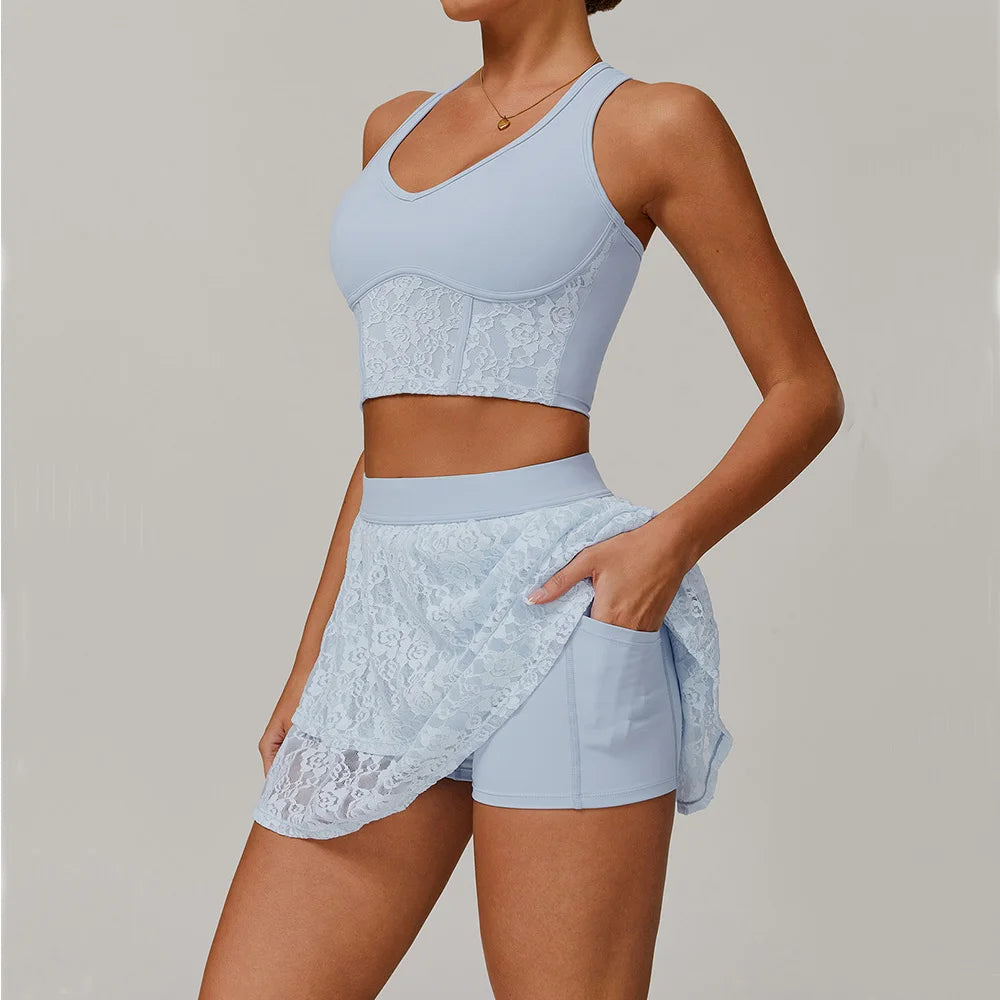 2PCS Women's Yoga Set – Sports Bra with Skirted Shorts