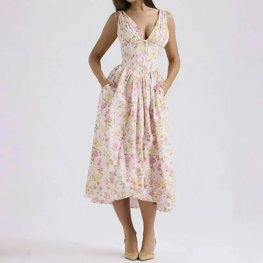 Floral V-Neck Pleated Midi Dress