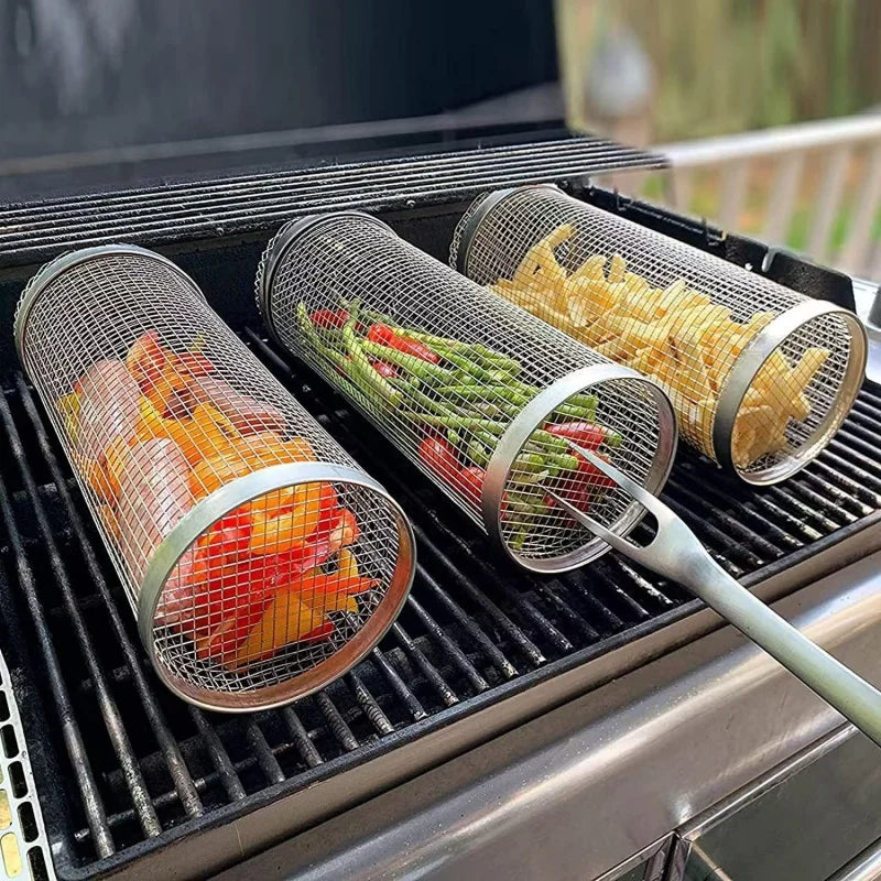 Rotating Stainless Steel BBQ Basket – Mesh Grill Cage for Vegetables, Meat & Fish