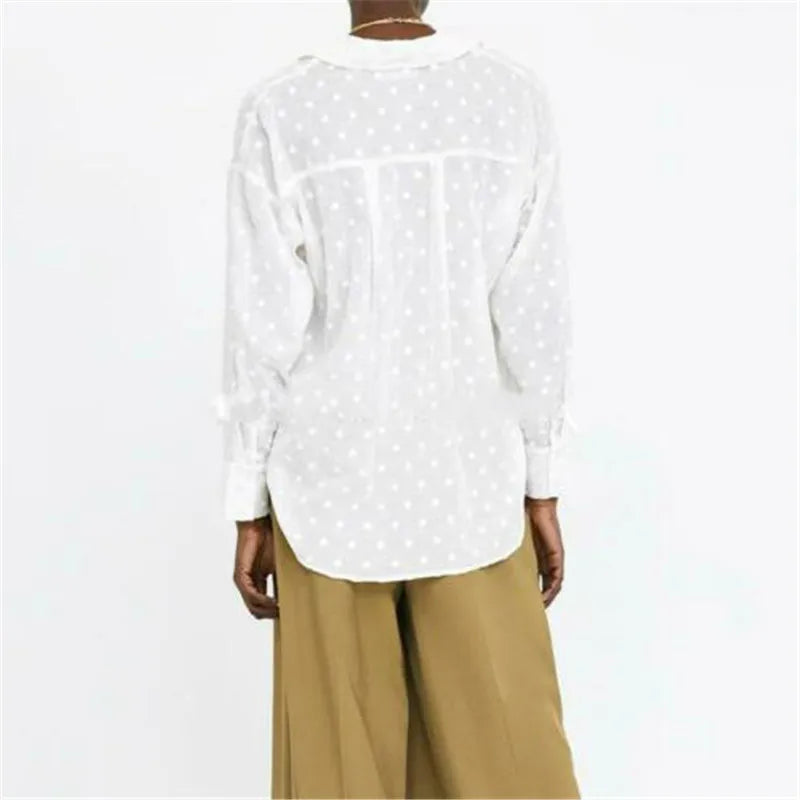 Elegant White Polka Dot Sheer Blouse – Long Sleeve Office & Casual Shirt
