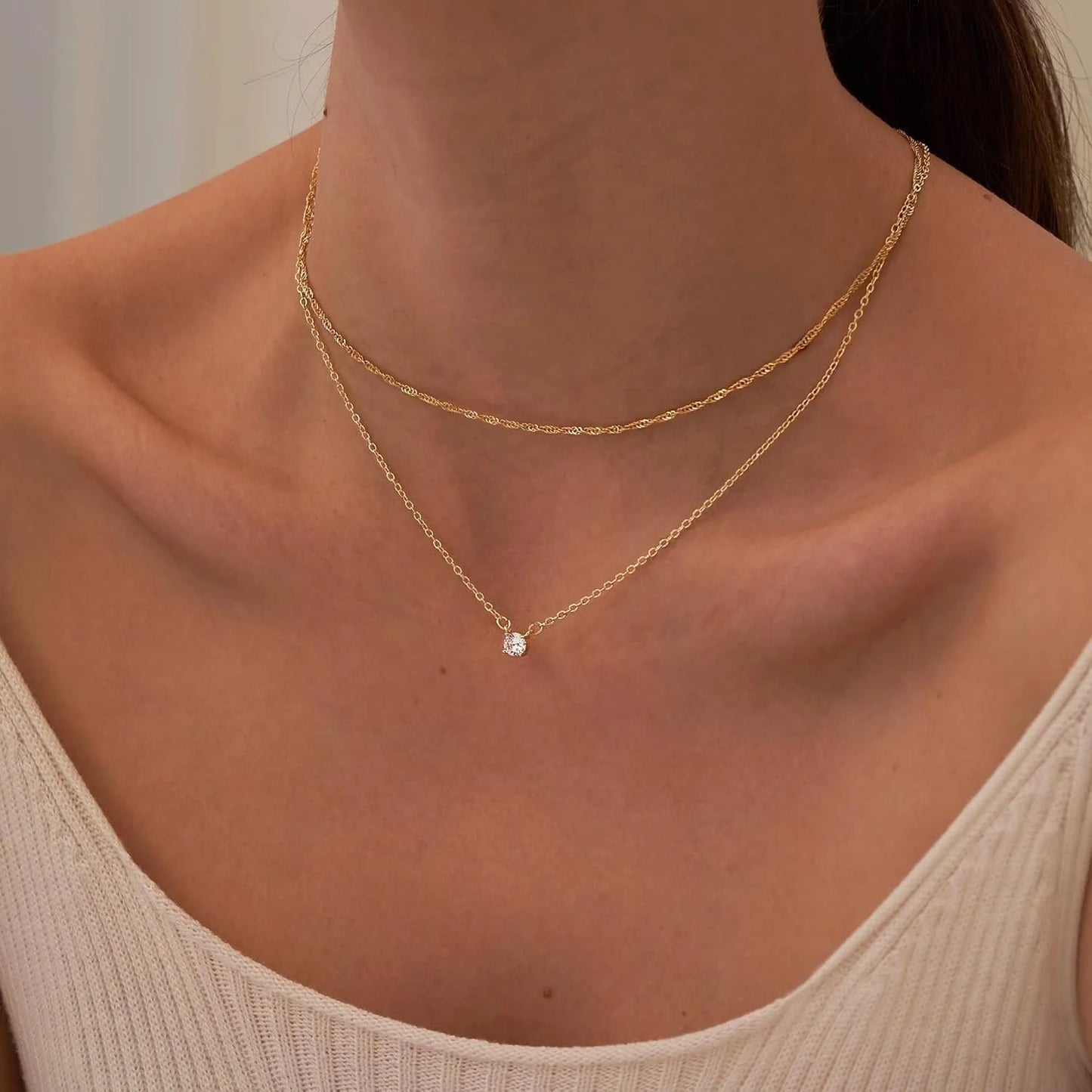 Minimalist Gold Layered Necklace with Crystal Pendant