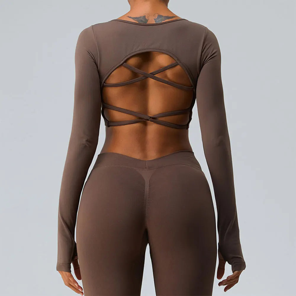 Seamless Backless Long Sleeve Crop Top – Women’s Yoga & Gym Sports Shirt