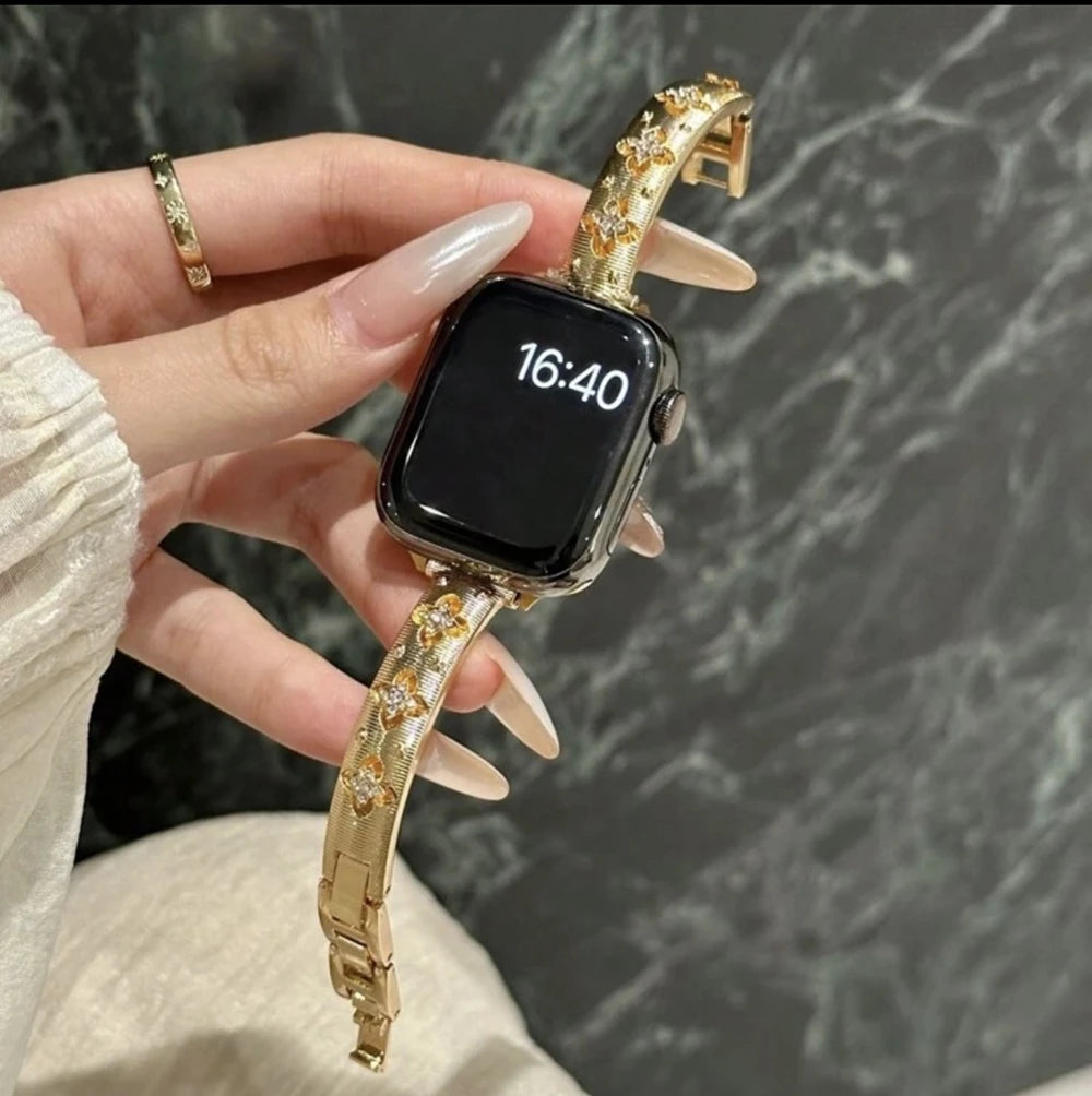 Luxury Bling Gold Stainless Steel Bracelet for Apple Watch – Crystal Decorated Women’s Band