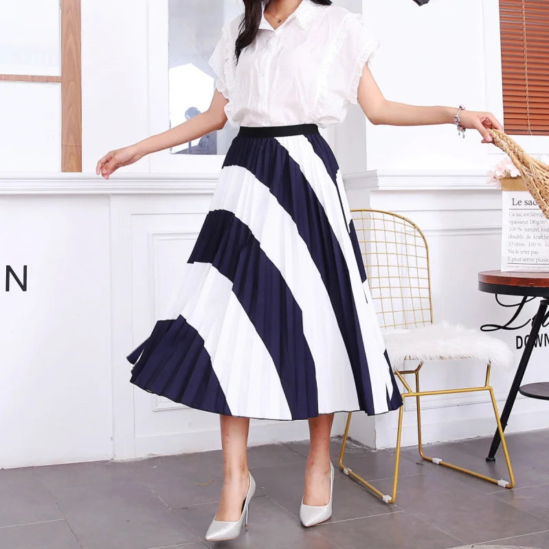 Women’s Cartoon Print Pleated Skirt – High Waist Big Swing Skirt