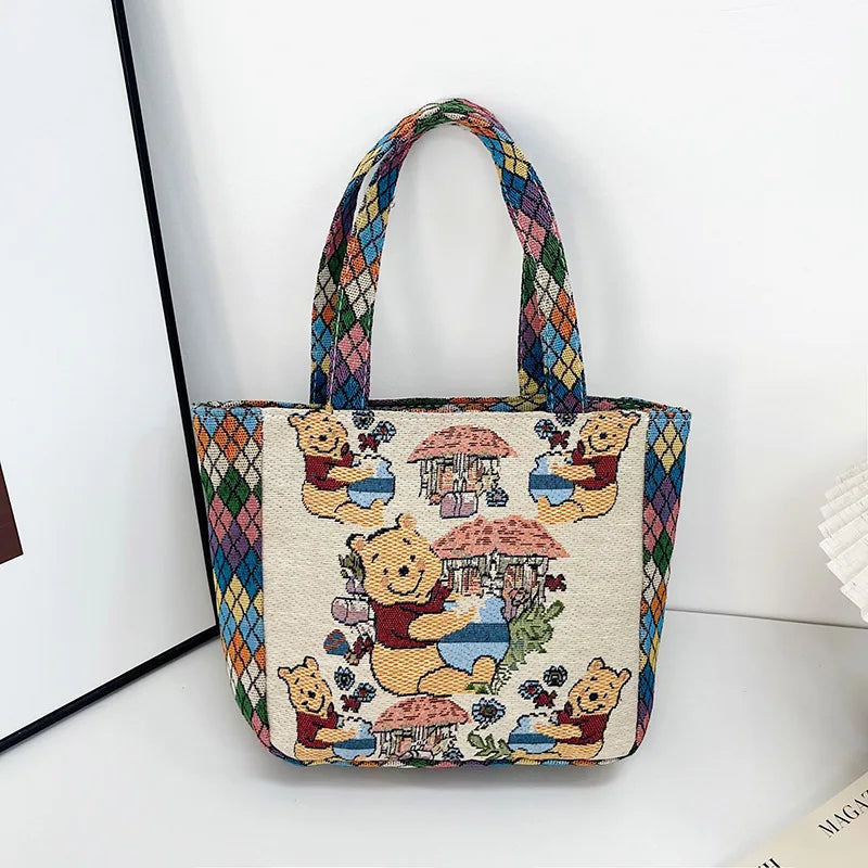 Retro Cartoon Canvas Shoulder Bag – Mickey, Minnie & Pooh Stylish Tote for Shopping & Daily Use