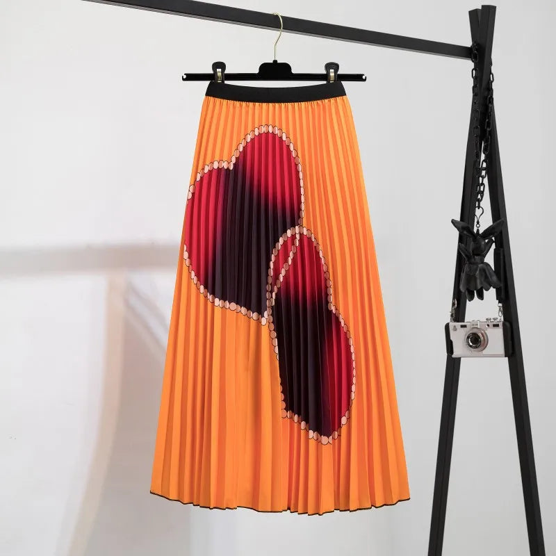 Women’s Cartoon Print Pleated Skirt – High Waist Big Swing Skirt