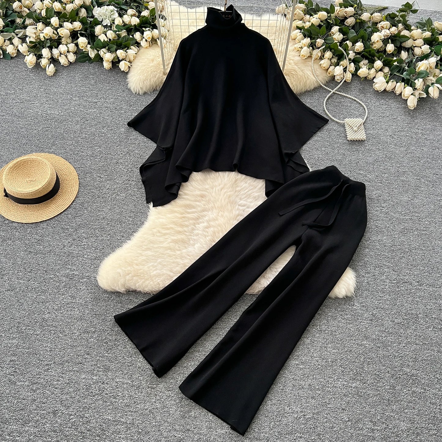 SINGREINY Turtleneck Warm Two-Piece Set – Knitted Sweater & Wide Leg Pants