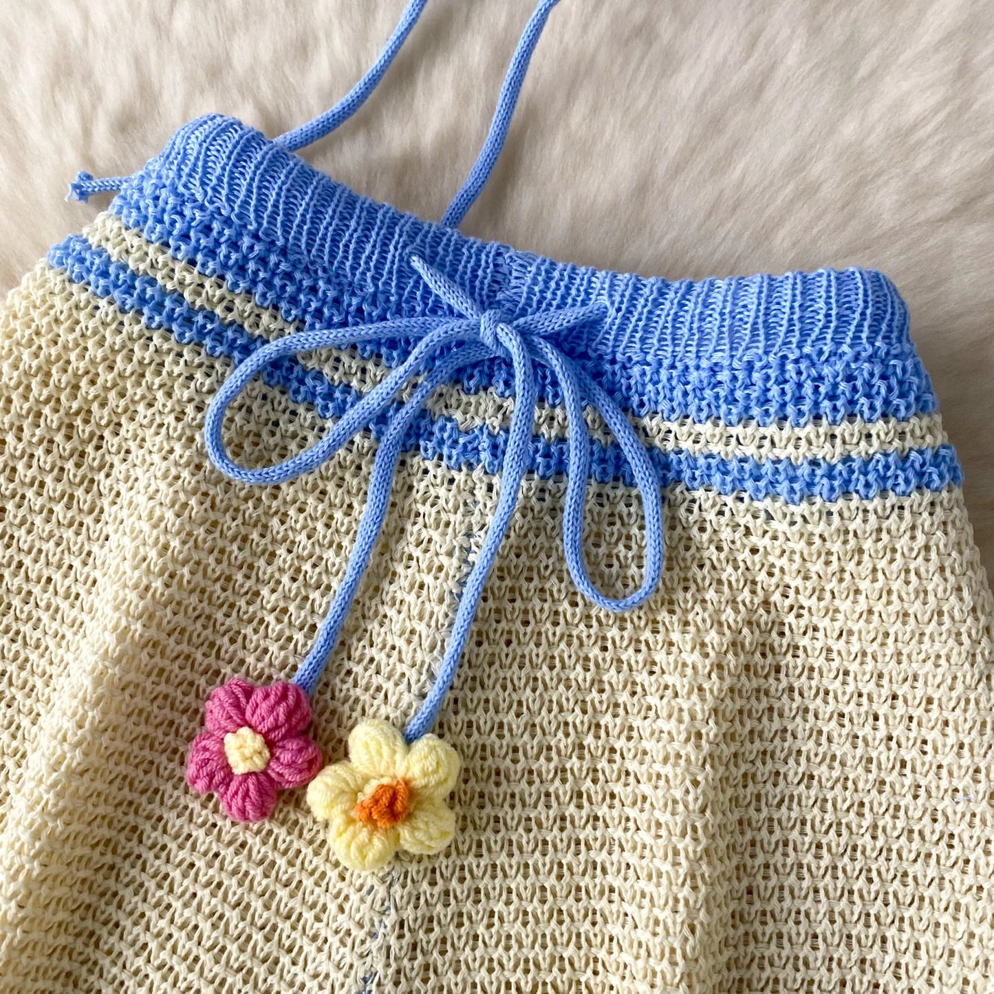 3D Floral Crochet Summer Set – Halter Bra Top + Wide-Leg Shorts