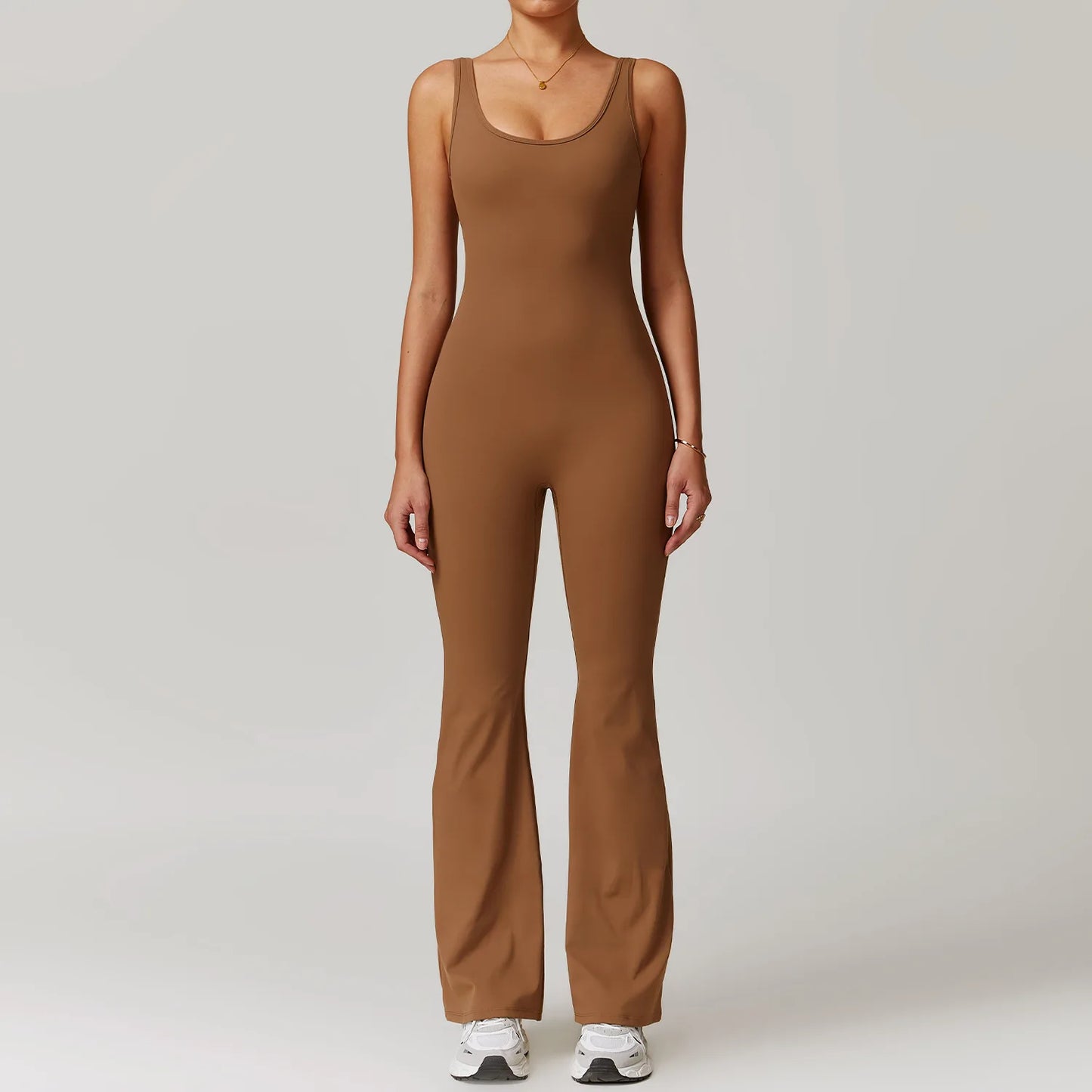 Women's V-Back Pocket Jumpsuit – Flared Leg Fitness Bodysuit