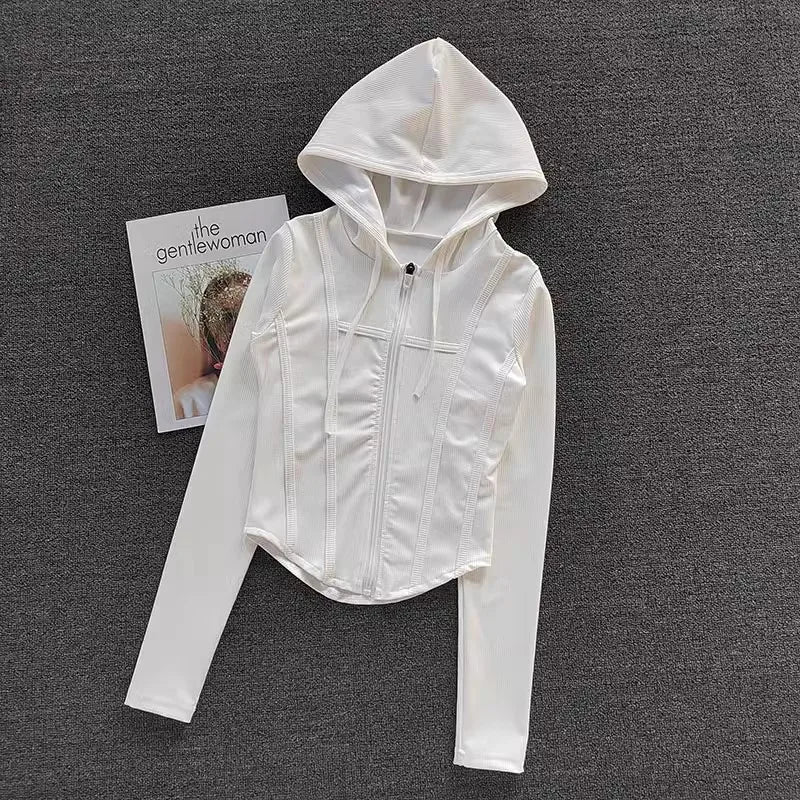 Women’s Cropped Hooded Sports Jacket – Zipper Long Sleeve Activewear