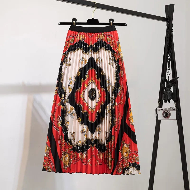 Women’s Cartoon Print Pleated Skirt – High Waist Big Swing Skirt