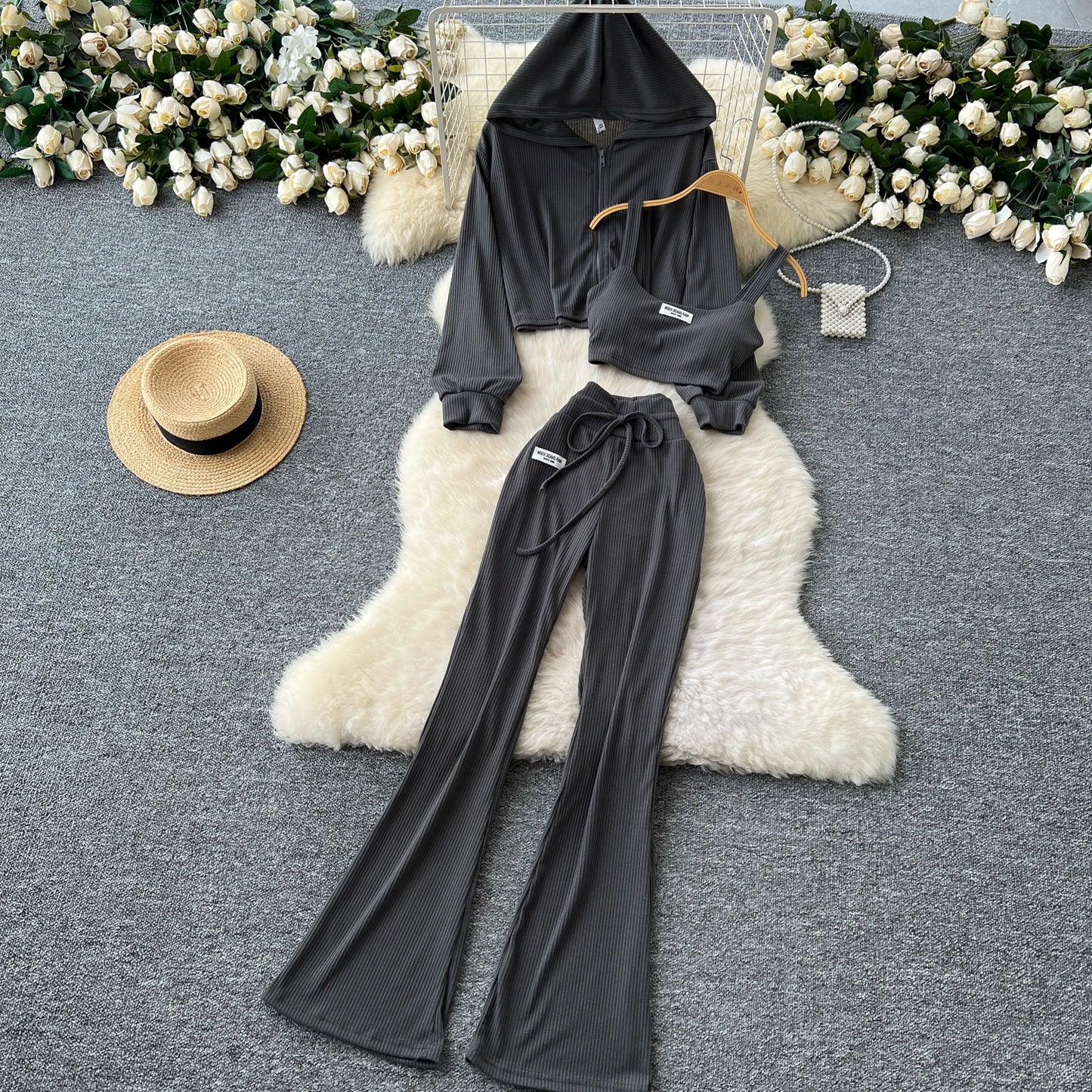 Three-Piece Set – Hoodie + Camisole + Wide Pants