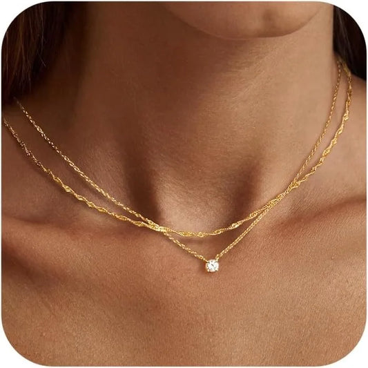 Minimalist Gold Layered Necklace with Crystal Pendant