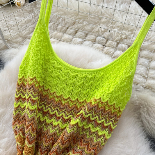 Korean Chic Knitted Gradient Long Dress – Sleeveless Spaghetti Strap Summer Beachwear