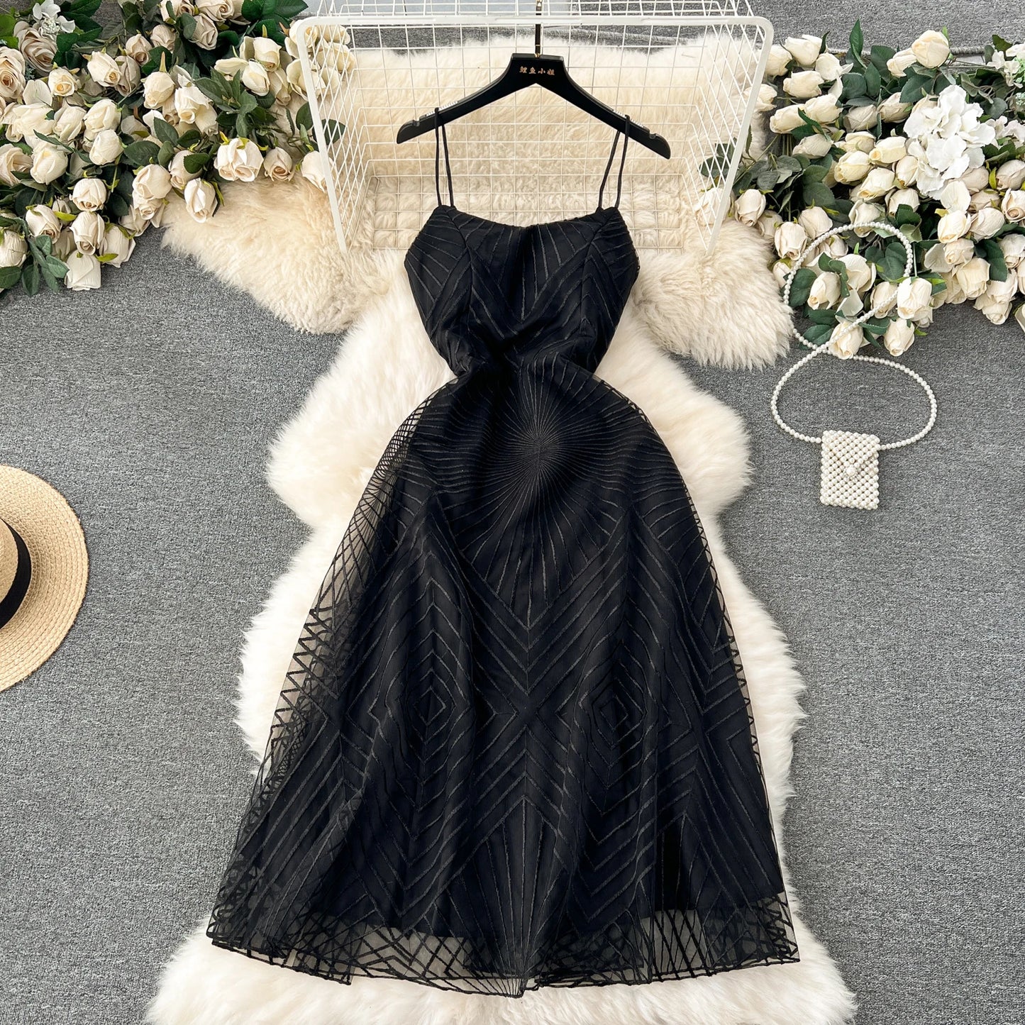 Luxury Mesh Party Dress – Embroidered Spaghetti Strap Gown