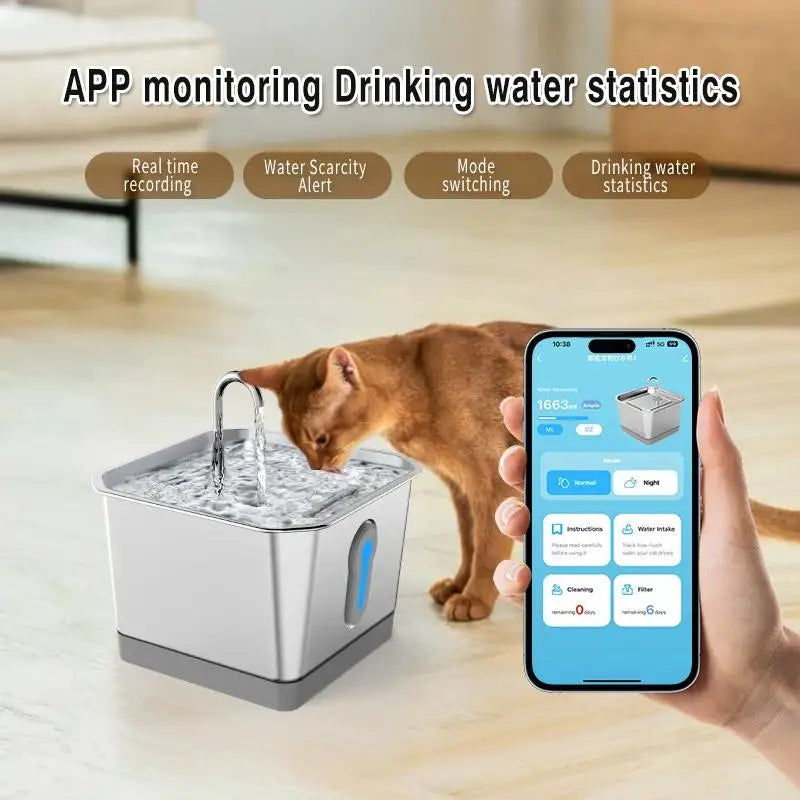 Smart Stainless Steel Cat Water Fountain – 4L with App Control and Multi-Layer Filtration System