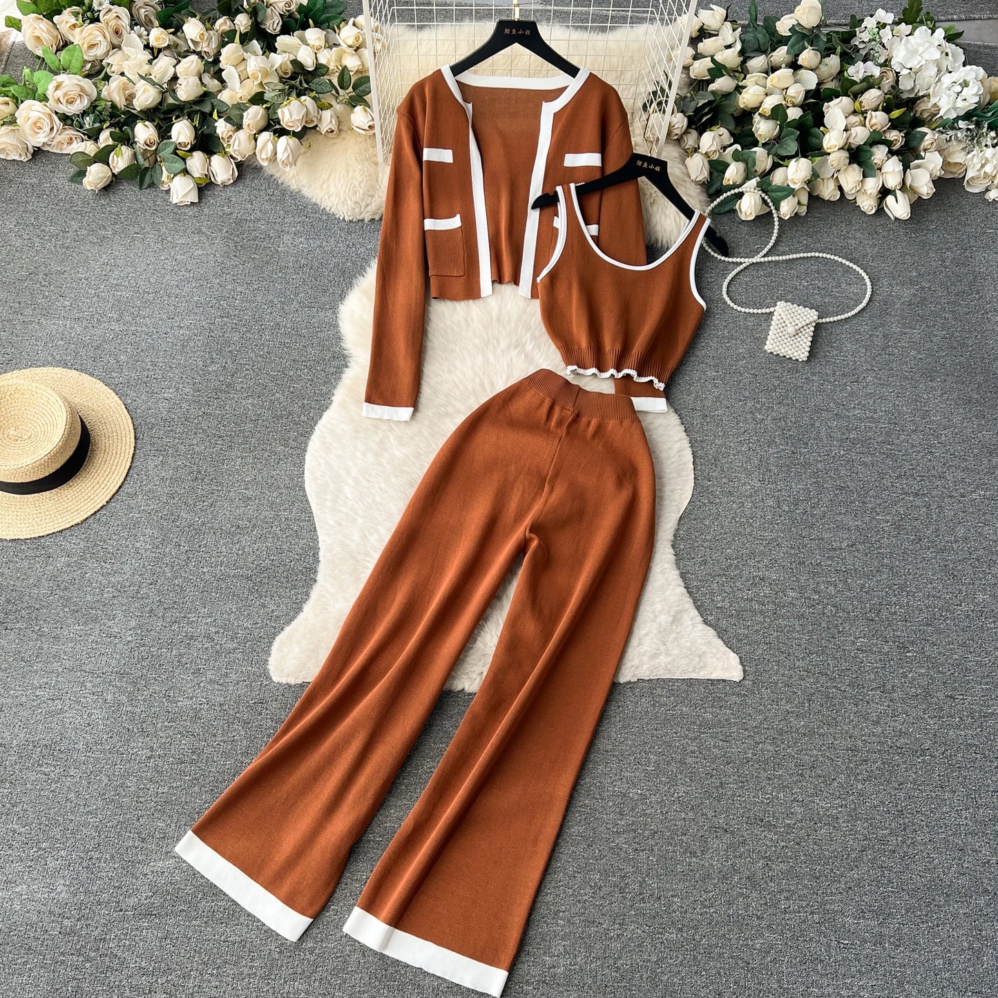 SINGREINY Autumn Knitted 3pcs Set – Slim Tank Top + Long Sleeve Cardigan + Elastic Pants (Brown)