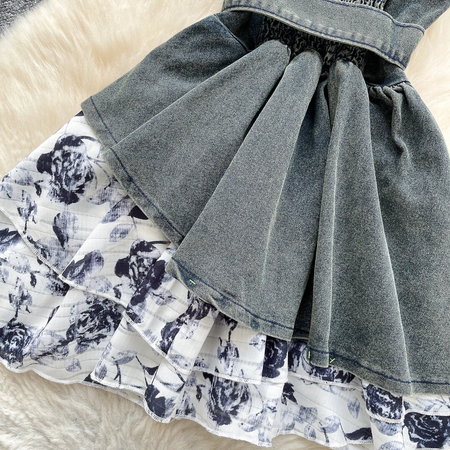 Denim & Floral Splice Sleeveless Sundress with Belt