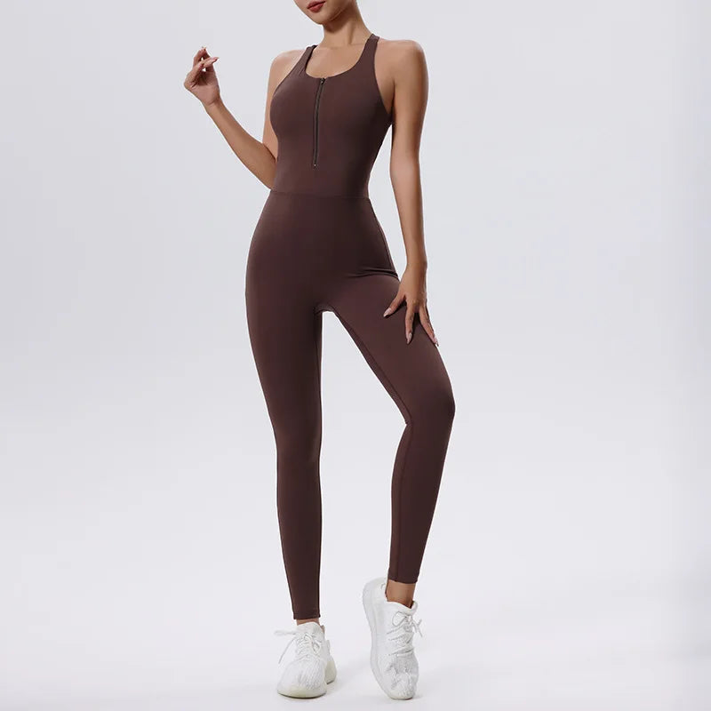 Women’s One-Piece Zipper Yoga Bodysuit – Slim Fit Workout Jumpsuit