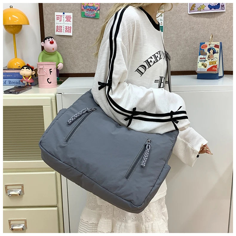 Trendy Women’s Large Crossbody Fabric Bag – Solid Color Student Style Shoulder Tote