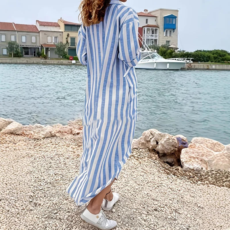 Striped Long Shirt Dress with Pockets