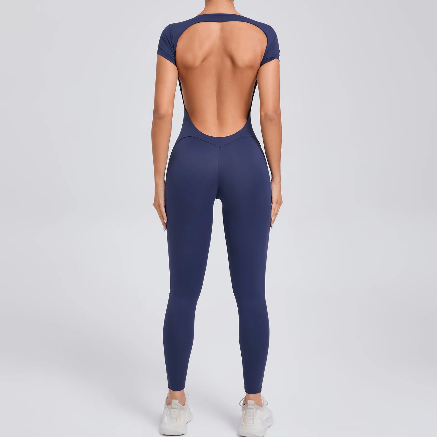 Women's Short Sleeve One-Piece Yoga Jumpsuit – Open Back Fitness Bodysuit