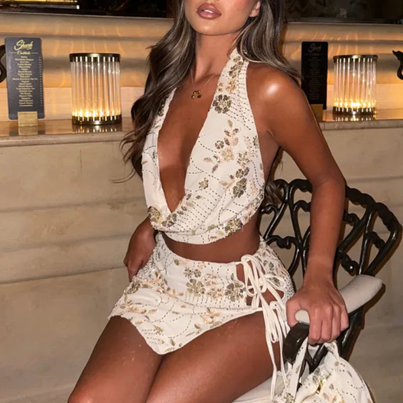 Women’s Club Party 2-Piece Set – Backless Sequin Crop Top + Tie-Up Pencil Skirt