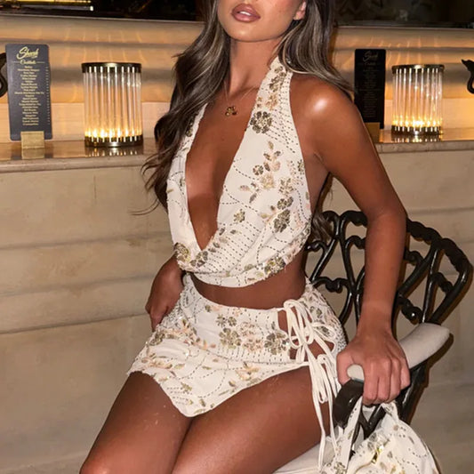 Women’s Club Party 2-Piece Set – Backless Sequin Crop Top + Tie-Up Pencil Skirt