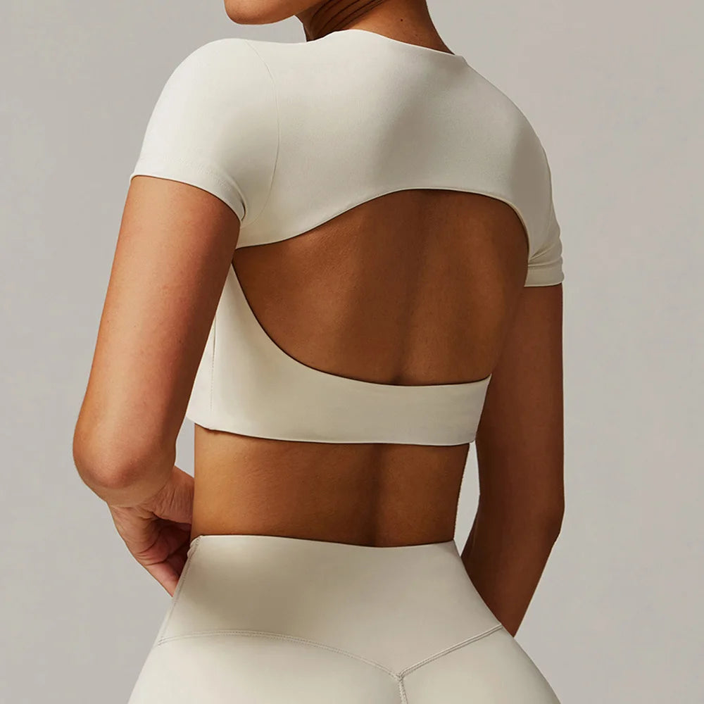 Women’s Backless Short Sleeve Yoga Top – Quick Dry Push-Up Gym T-Shirt