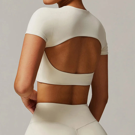Women’s Backless Short Sleeve Yoga Top – Quick Dry Push-Up Gym T-Shirt