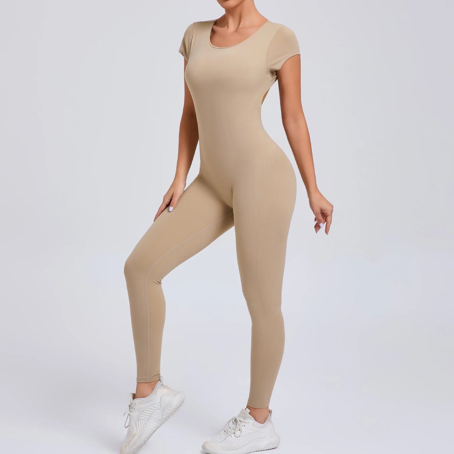 Women's Short Sleeve One-Piece Yoga Jumpsuit – Open Back Fitness Bodysuit