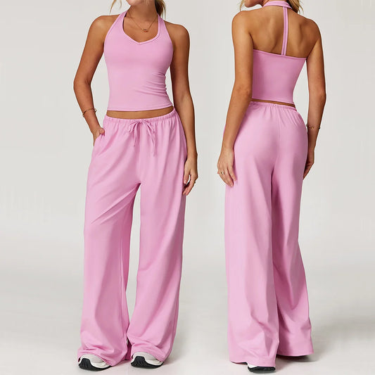 סט יוגה לנשים 2 חלקים - טופ עם רצועות ומכנסיים רחבים בגזרה גבוהה