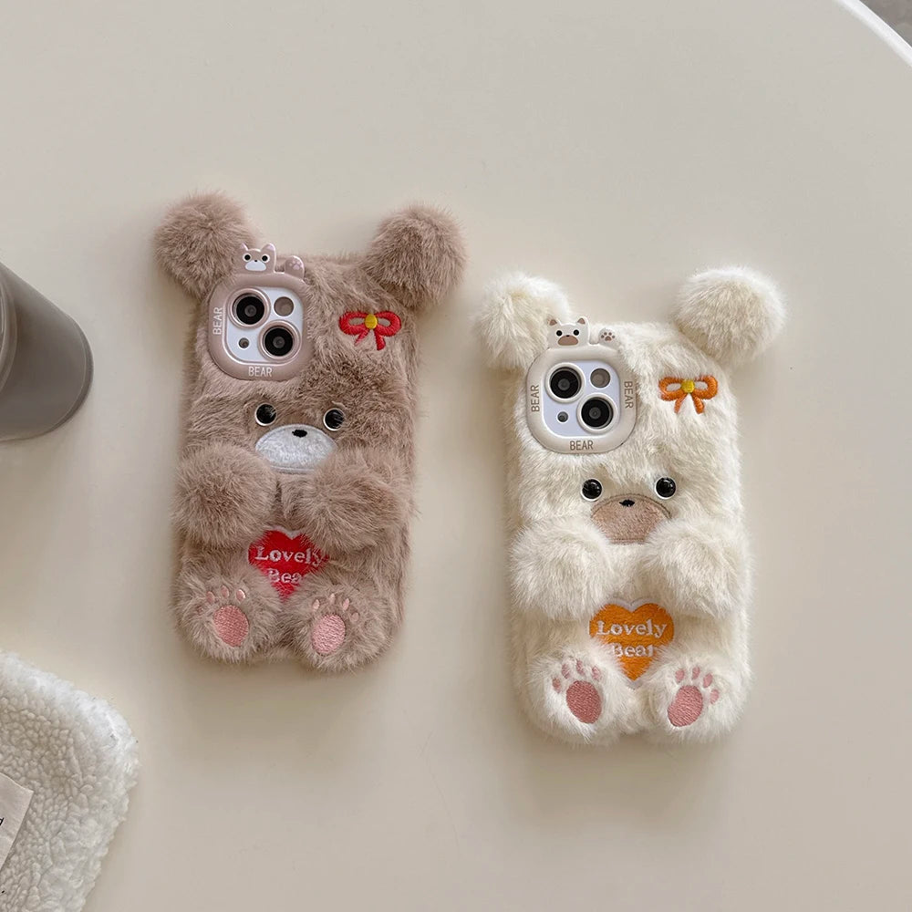 Funny Cat or Bear Furry Soft Plush Phone Case – For iPhone 11 to 16 Pro Max