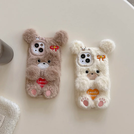 Funny Cat or Bear Furry Soft Plush Phone Case – For iPhone 11 to 16 Pro Max