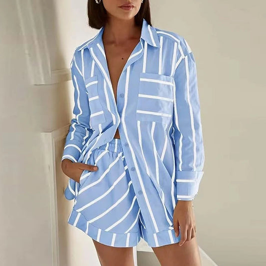 Striped Button-Up Shirt and Shorts Set