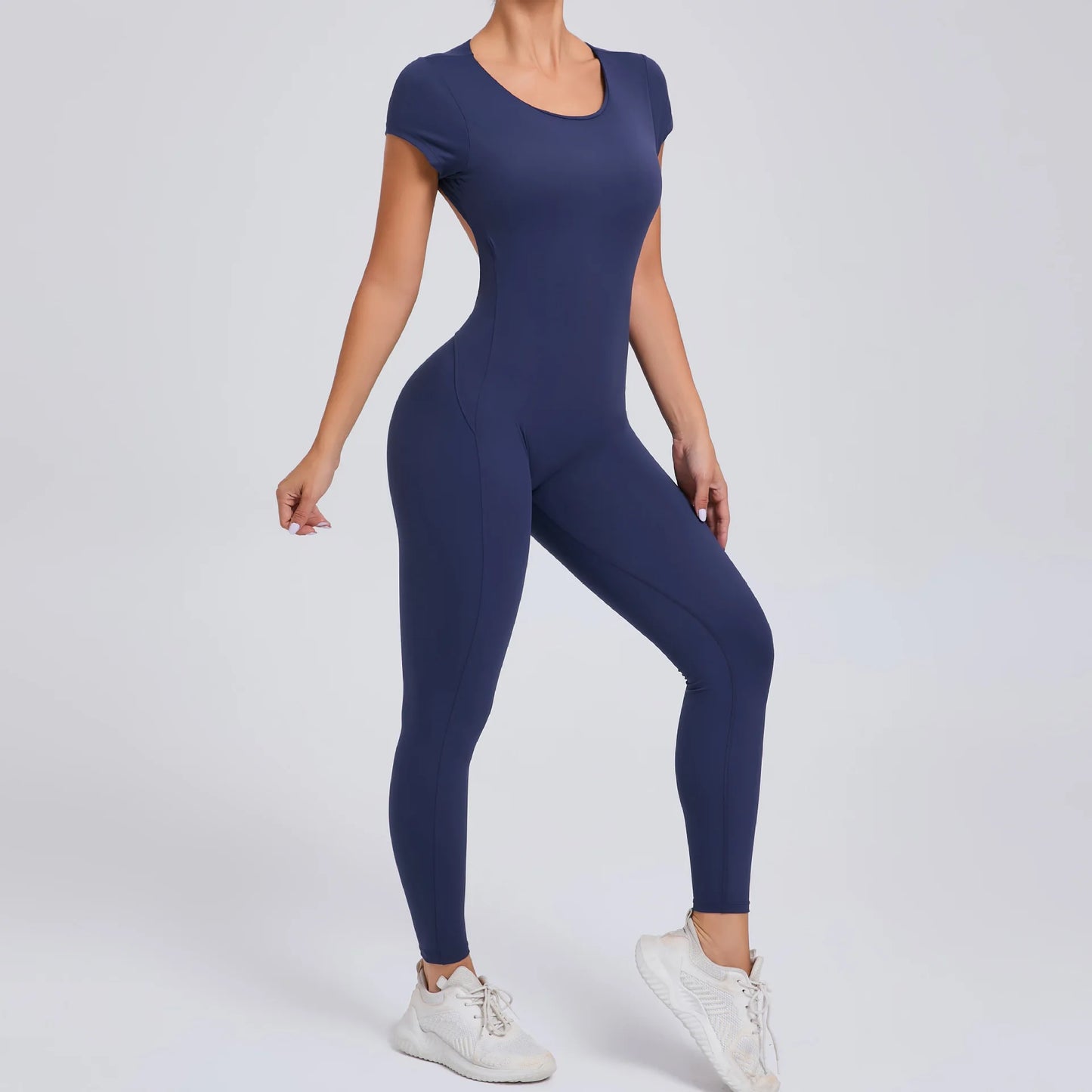 Women's Short Sleeve One-Piece Yoga Jumpsuit – Open Back Fitness Bodysuit