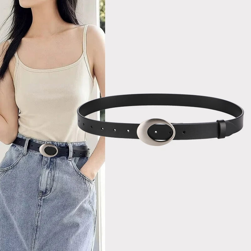 Genuine Leather Belt with Silver Buckle for Women
