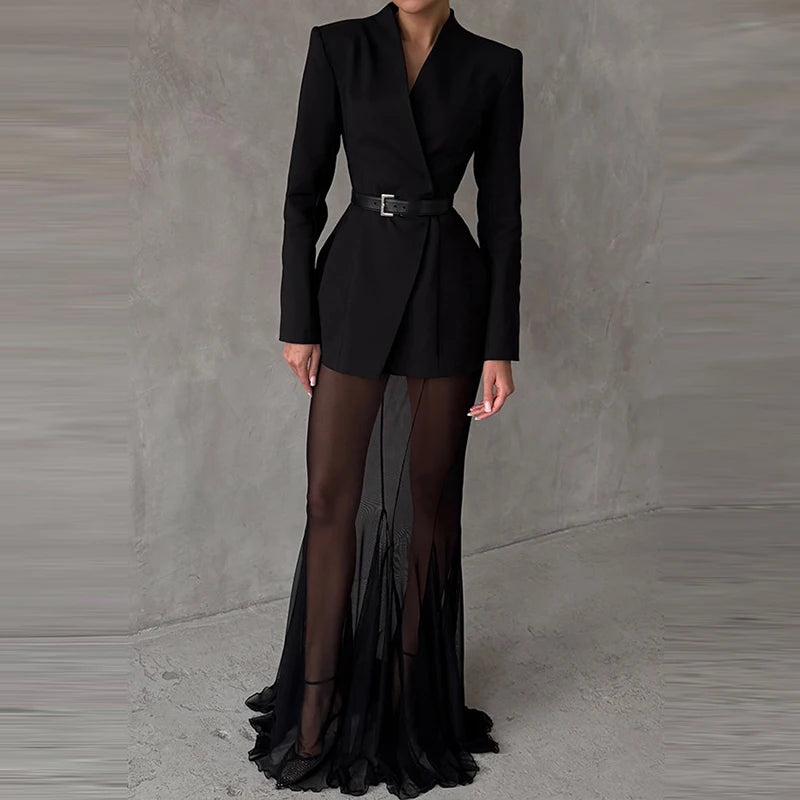Elegant Blazer & Sheer Mermaid Skirt Set – Glamorous Evening Outfit