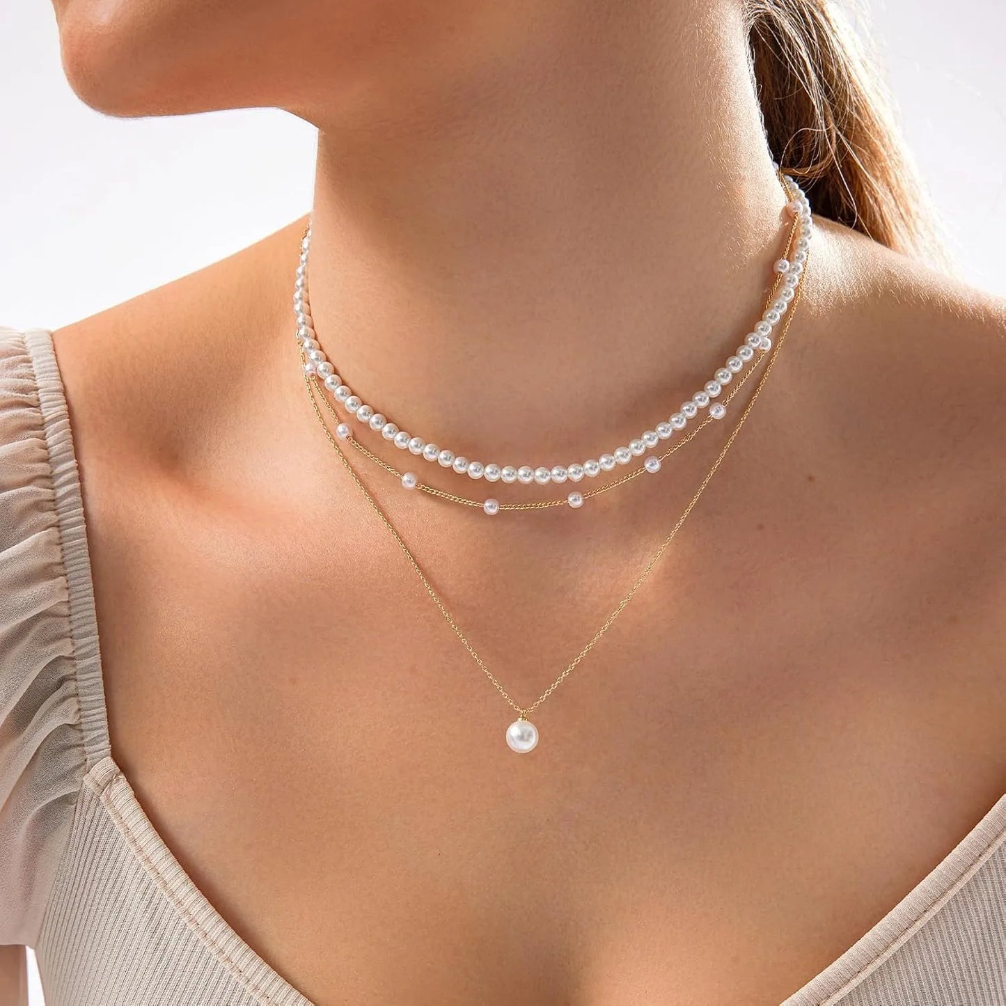 Layered Pearl Choker Necklace – Gold