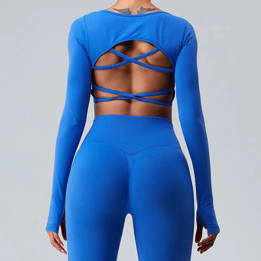 Seamless Backless Long Sleeve Crop Top – Women’s Yoga & Gym Sports Shirt